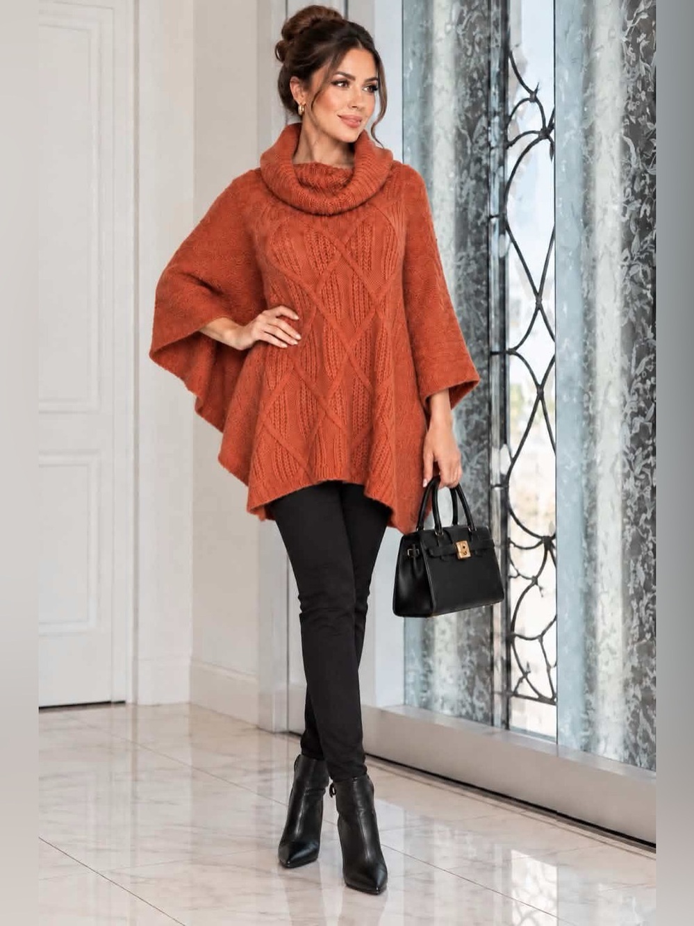 Le Moda Poncho with Turn-down lNeck – Terracotta Autoñal NWOT